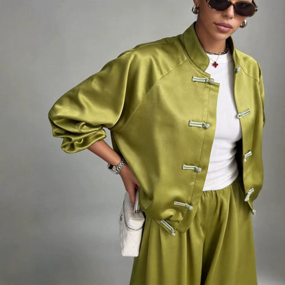 Women's Satin Two-Piece Set — Frog Button Jacket & Wide Leg Pants