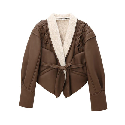 Chic French Waist Suede Jacket - Stylish Chocolate Leather Jacket for Women