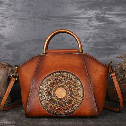 Mandala Embossed Leather Shoulder Bag