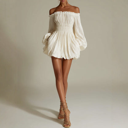 Women's dark brown off-shoulder pleated mini dress with smocked waist and puff sleeves