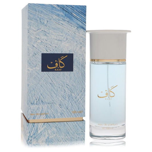 Ahmed Al Maghribi Kaaf Eau De Parfum bottle displayed upright next to its matching blue and white patterned packaging box.