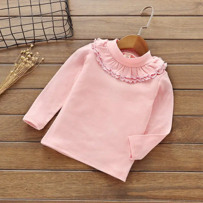 Girls' Solid Color Lace Round Neck T-shirt