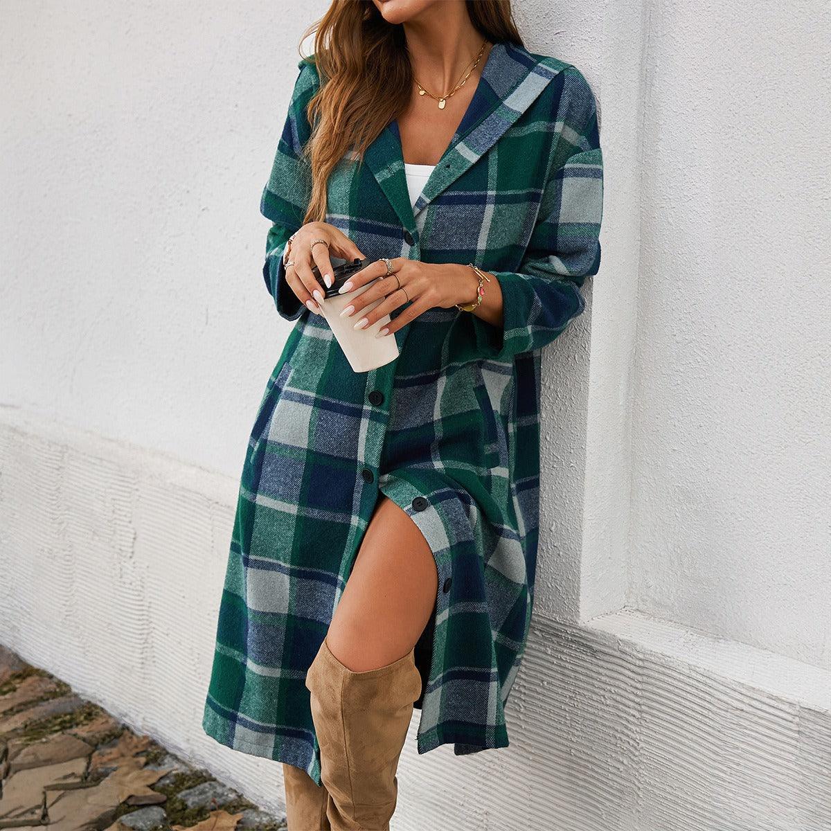 Contrasting Color Hooded Jacket – Stylish Cowgirl Outerwear with Checkered Pattern