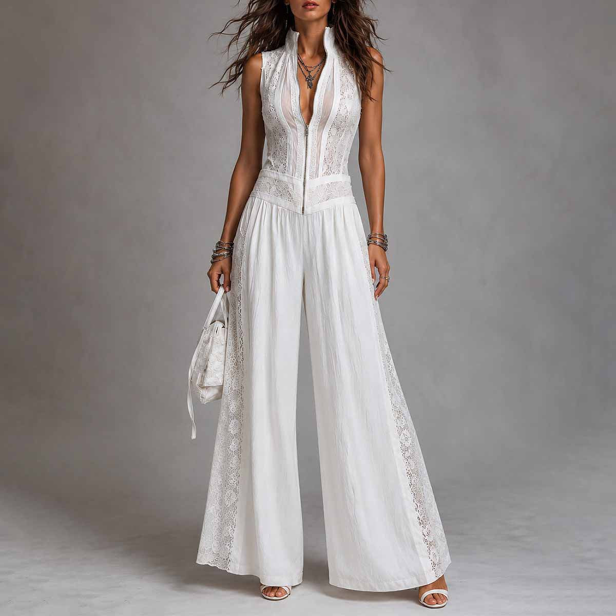 Full-length view of a light blue floral printed dress featuring a draped crossover neckline, tailored high waist, and fluid asymmetric ruffle hem.