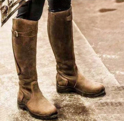 Vintage Ride Leather Boots - Stylish Retro Riding Boots for Trendy Women