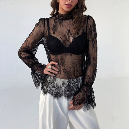 Close-up view of a woman wearing a sheer black lace hollow-out long sleeve top with a mock neck and intricate floral lace detailing.