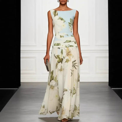 Women's Floral Print Sleeveless Backless Waist-Cinching Maxi Dress