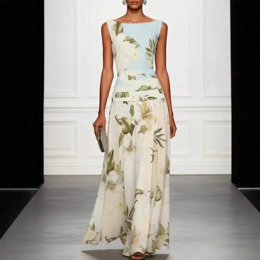 Women's Floral Print Sleeveless Backless Waist-Cinching Maxi Dress