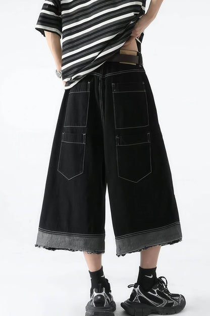 Button-Fly Cropped Jeans - Streetwear Washed Wide Leg Pants