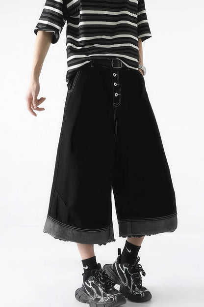 Button-Fly Cropped Jeans - Streetwear Washed Wide Leg Pants