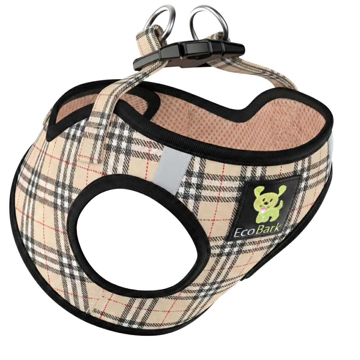 EcoBark Step In Dog Harness - Teacup & Small Breeds- Reflective Soft Mesh Harness for Teacup, Small Dogs and Puppies / Beige Plaid