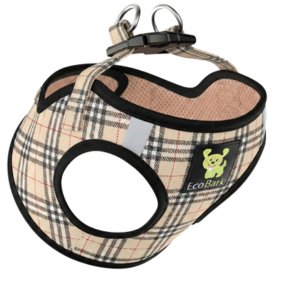 EcoBark Step In Dog Harness - Teacup & Small Breeds- Reflective Soft Mesh Harness for Teacup, Small Dogs and Puppies / Beige Plaid