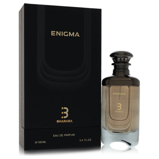 Bharara Enigma Eau de Parfum 3.4 oz bottle standing beside its black product box.