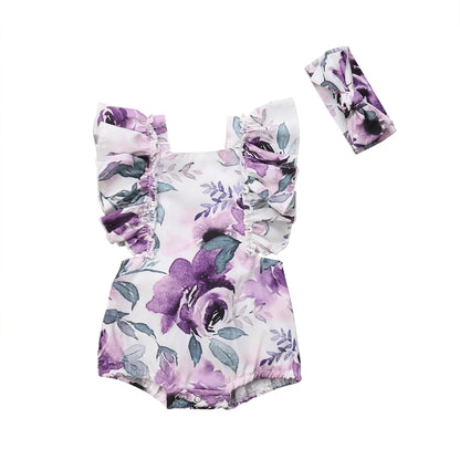 Girls' Floral Outfit with Back Tie and Headband Set