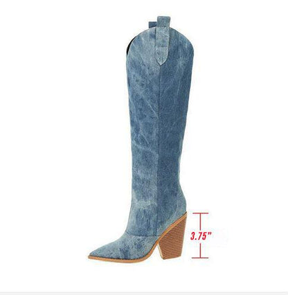 Tie Dye Denim Knee-High Cowgirl Boots