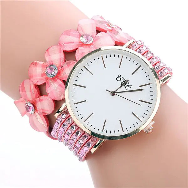CCQ Women's Circle Bracelet Watch with Floral Crystals
