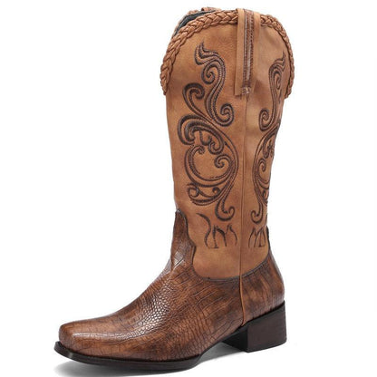 Rustic Western Braided Boots – Retro Cowboy Style with Snakeskin Detailing