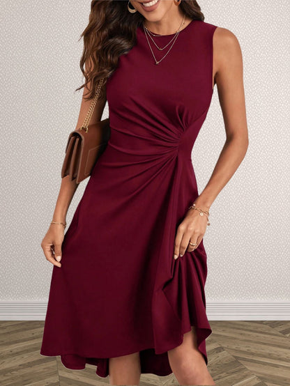 Women's wine-red solid color twist knot sleeveless midi dress with a round neck and side ruched asymmetric high-low hem