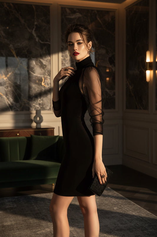Black high-neck long-sleeve sheath midi dress with sheer mesh overlay and back zipper, styled for a formal evening look.