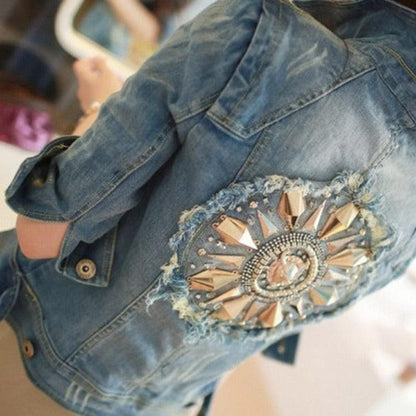 Cute Diamonds Encrusted Half Sleeve Denim Jacket