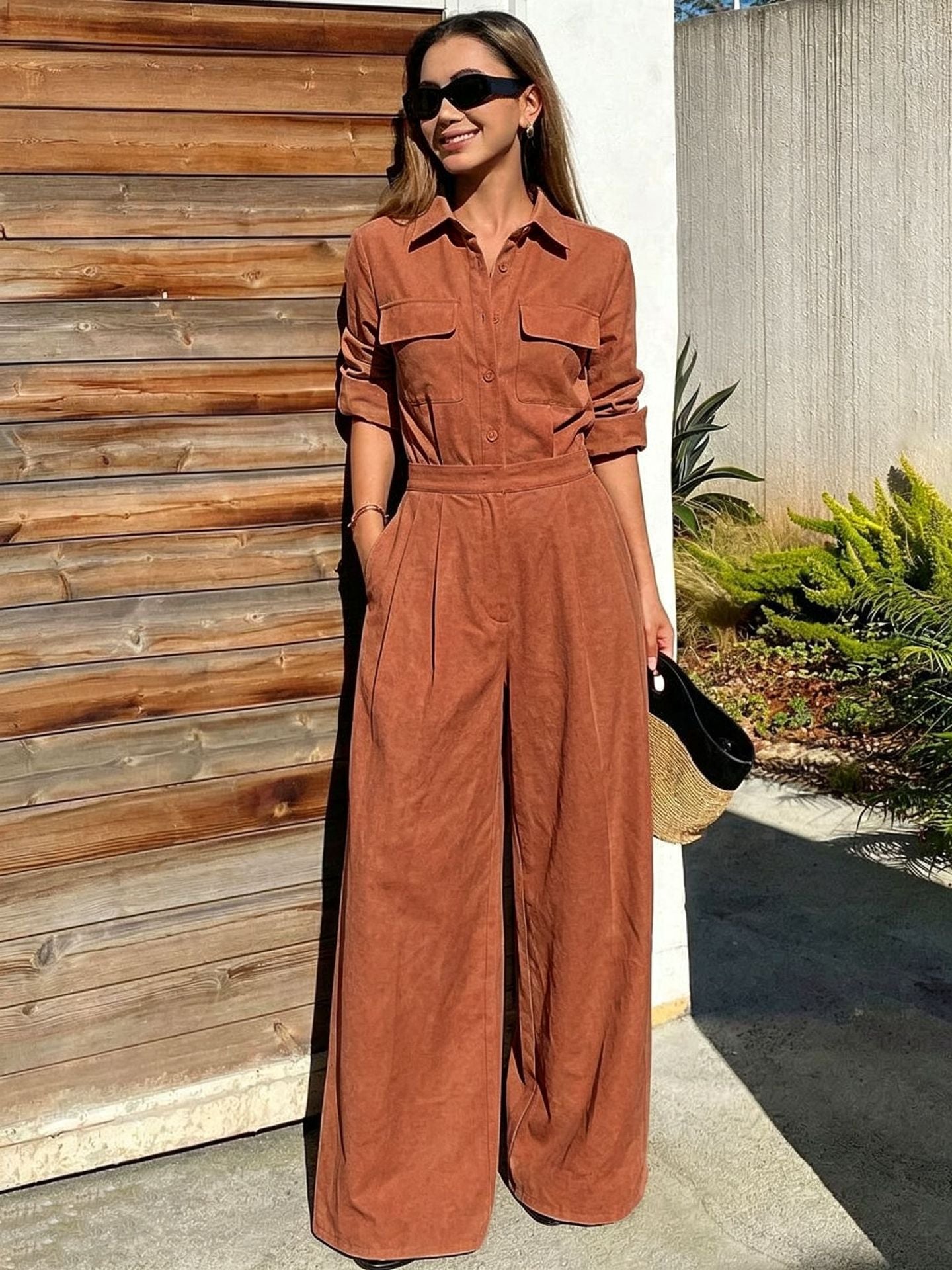 Woman in a rust / brick red collared long-sleeve jumpsuit with chest flap pockets, sunglasses, and wide-leg trousers.