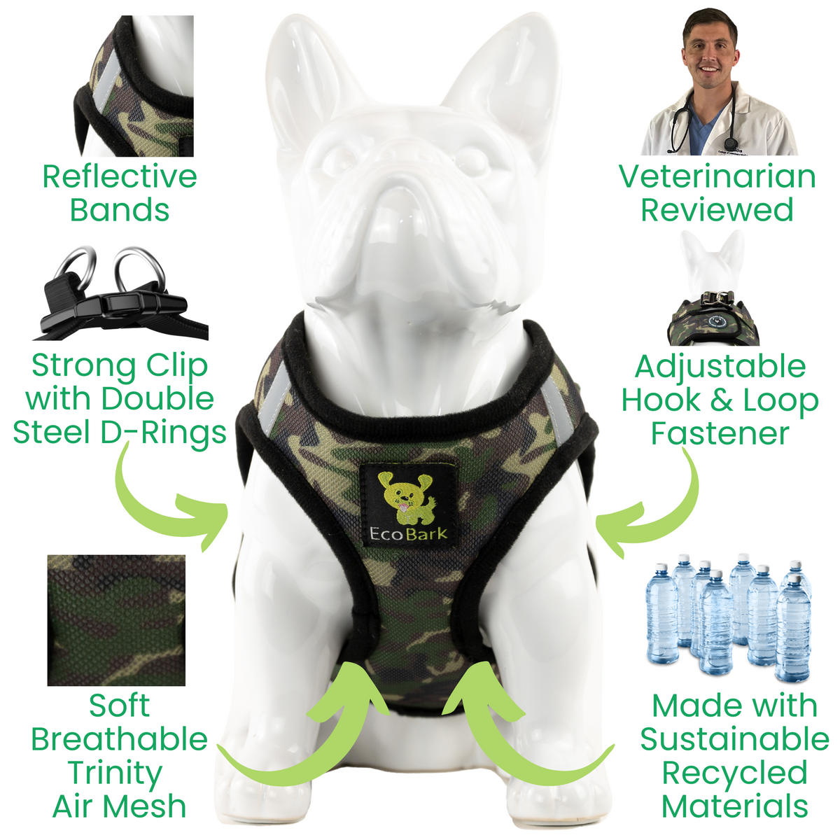 EcoBark Step In Dog Harness - Teacup & Small Breeds- Reflective Soft Mesh Harness for Teacup, Small Dogs and Puppies / Camouflage