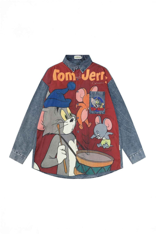 Corduroy & Denim Cartoon Patch Shirt - Unisex Oversized Street Style