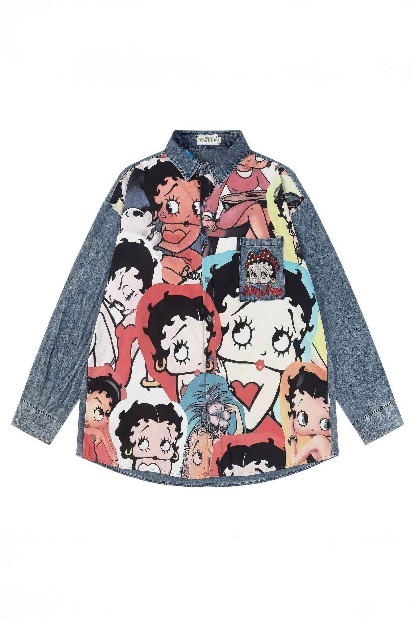 Corduroy & Denim Cartoon Patch Shirt - Unisex Oversized Street Style