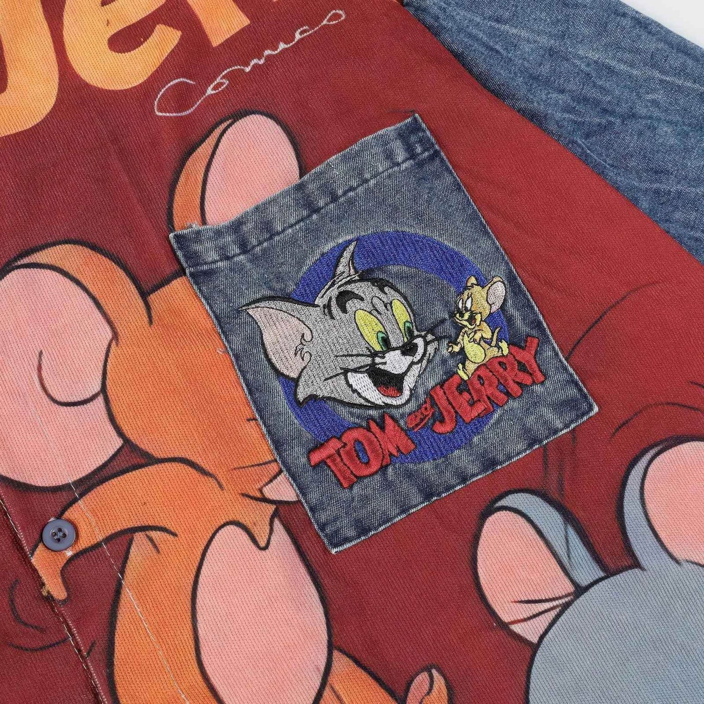 Corduroy & Denim Cartoon Patch Shirt - Unisex Oversized Street Style