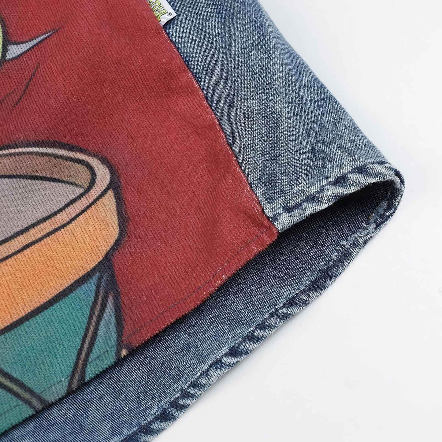 Corduroy & Denim Cartoon Patch Shirt - Unisex Oversized Street Style