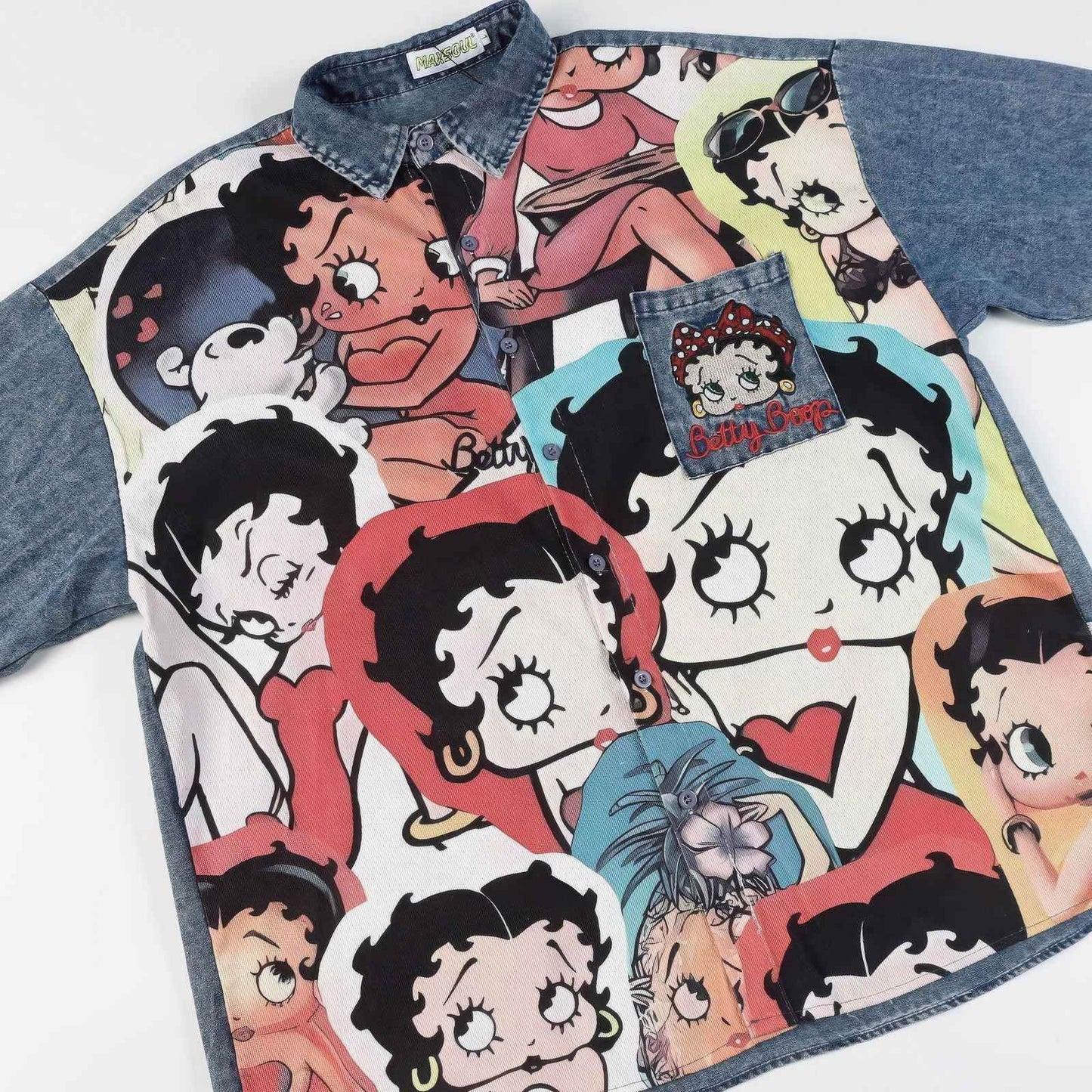 Corduroy & Denim Cartoon Patch Shirt - Unisex Oversized Street Style