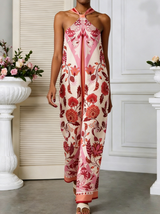 Printed Halter Neck Wide-Leg Jumpsuit