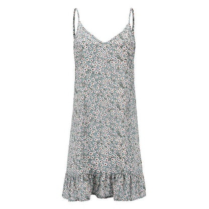 Floral Print Summer Dress Spaghetti Strap Mini Dress Ruffled