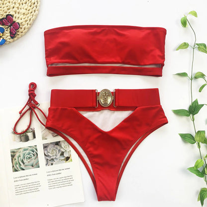 Chic Metal Buckle Strapless Bikini Swimsuit for Women