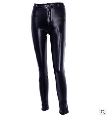 "RockRider High-Waist Leather Pants – Sexy Shiny Black Simulated Leather, Edgy Rock & Roll Style"