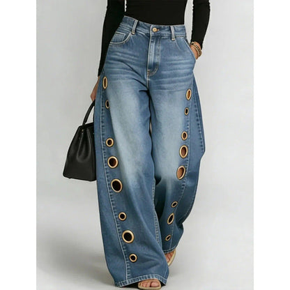 Women's Light Blue Metal Eyelet High Waist Loose Wide-Leg Jeans - Side Detail View