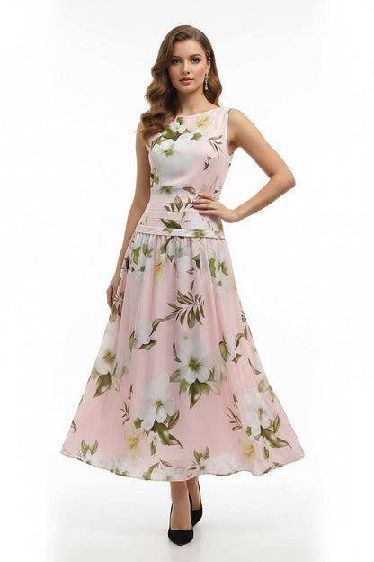 Women's Floral Print Sleeveless Backless Waist-Cinching Maxi Dress