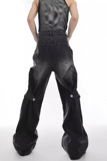 Distressed Denim Patchwork Jeans - Convertible Flare Design