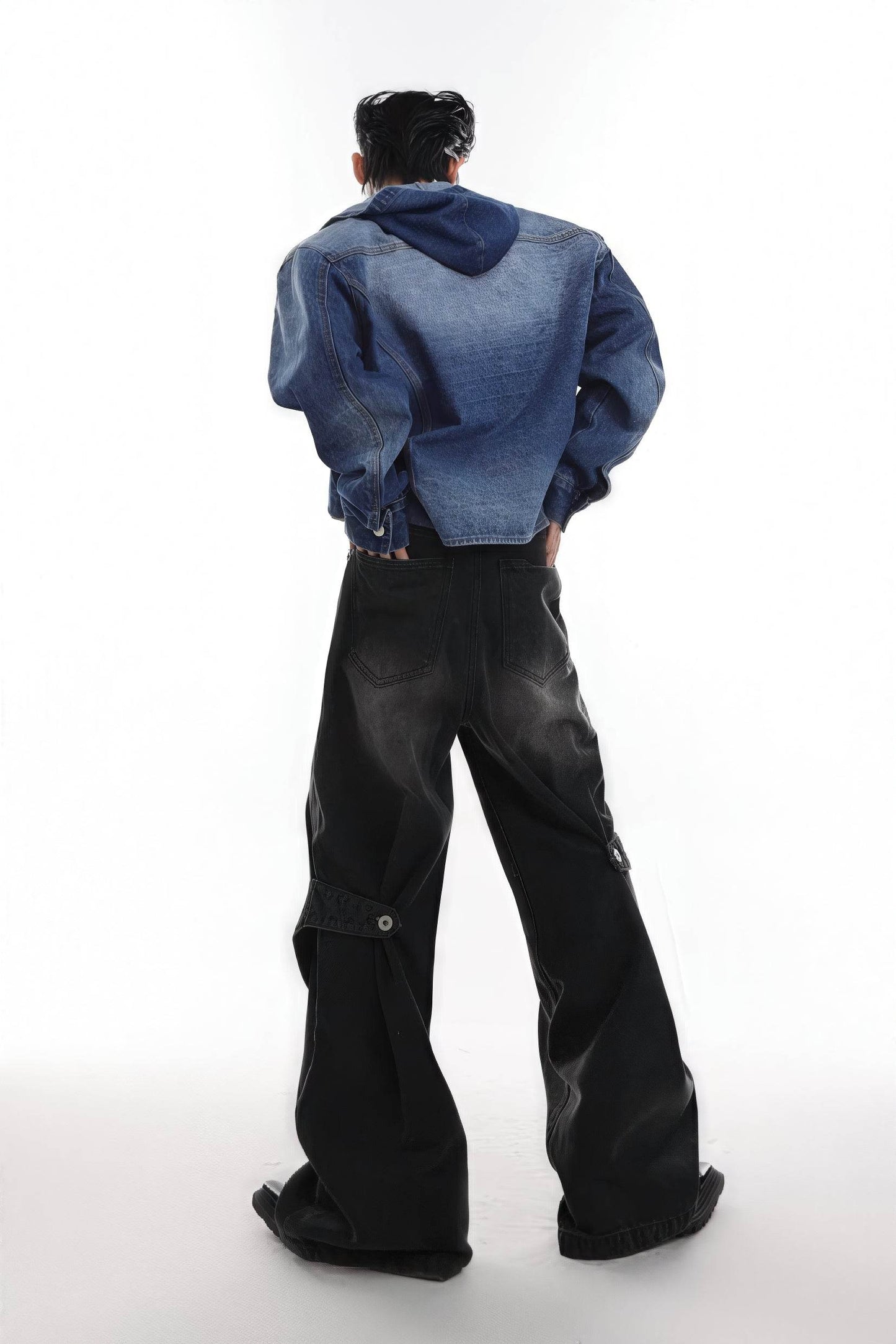 Distressed Denim Patchwork Jeans - Convertible Flare Design