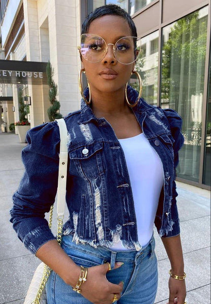 Chic Distressed Denim Puffy Sleeves Jacket – Fashionable Cropped Jean Jacket