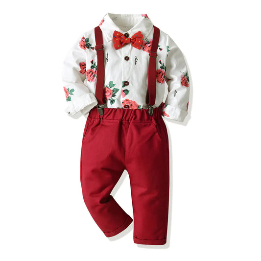 Floral Print Long Sleeve Shirt and Overalls Set
