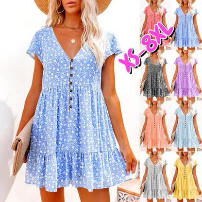 V-Neck Button Floral Short Sleeve Casual Dress