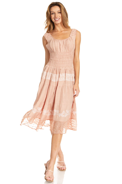 Sakkas Alba Women's Off The Shoulder Smock Ruffle Midi Dress Tie Dye & Embroidery