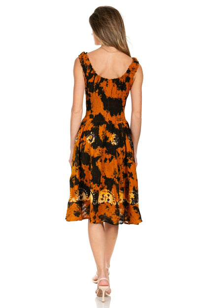 Sakkas Alba Women's Off The Shoulder Smock Ruffle Midi Dress Tie Dye & Embroidery