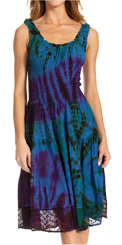 Sakkas Alba Women's Off The Shoulder Smock Ruffle Midi Dress Tie Dye & Embroidery