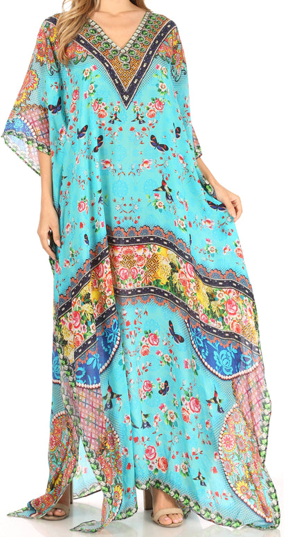 Sakkas Anahi Flowy Design V Neck Long Caftan Dress / Cover Up With Rhinestone