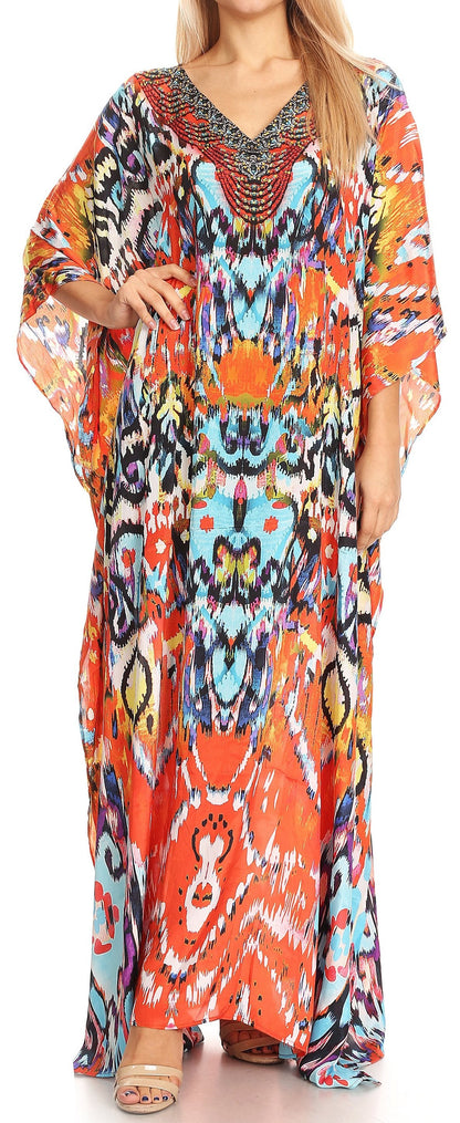 Sakkas Anahi Flowy Design V Neck Long Caftan Dress / Cover Up With Rhinestone
