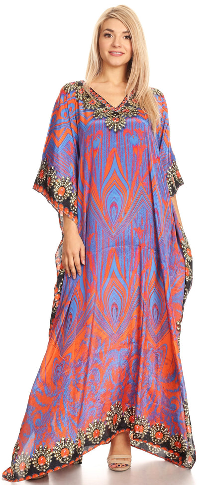 Sakkas Anahi Flowy Design V Neck Long Caftan Dress / Cover Up With Rhinestone