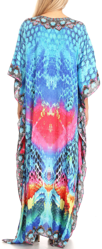 Sakkas Anahi Flowy Design V Neck Long Caftan Dress / Cover Up With Rhinestone