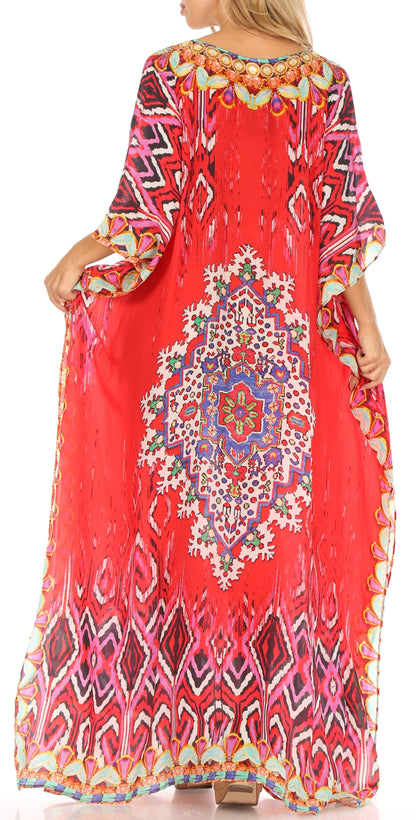 Sakkas Anahi Flowy Design V Neck Long Caftan Dress / Cover Up With Rhinestone